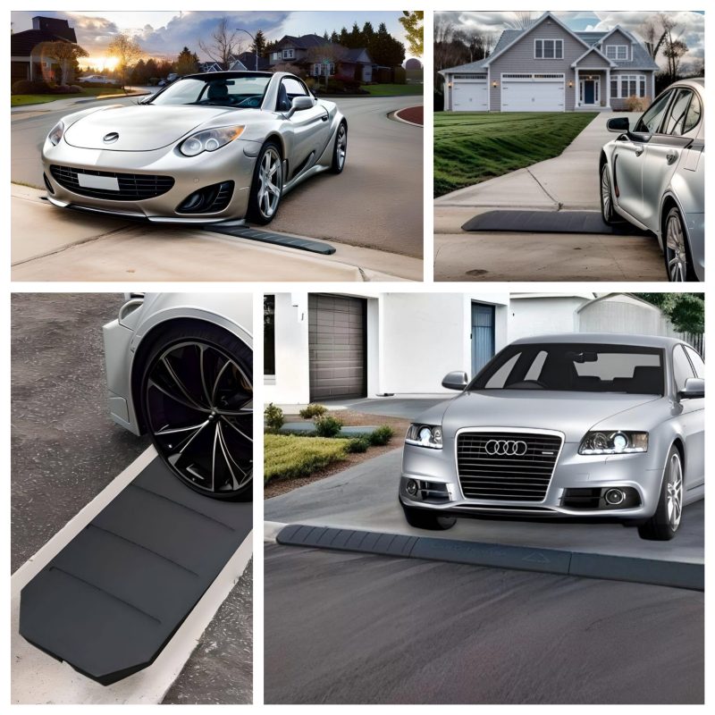 A collage showing various driveway curb ramps preventing low-clearance cars from scraping over rolled curbs and steep driveway entries.