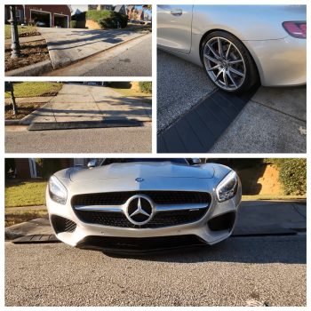 A collage showing a Mercedes car using a driveway ramp at various angles, highlighting the ramp's effectiveness in protecting the car's undercarriage on steep entries.