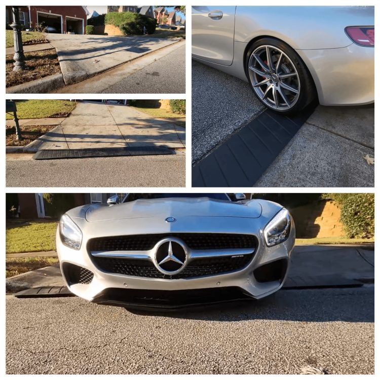 A collage showing a Mercedes car using a driveway ramp at various angles, highlighting the ramp's effectiveness in protecting the car's undercarriage on steep entries.