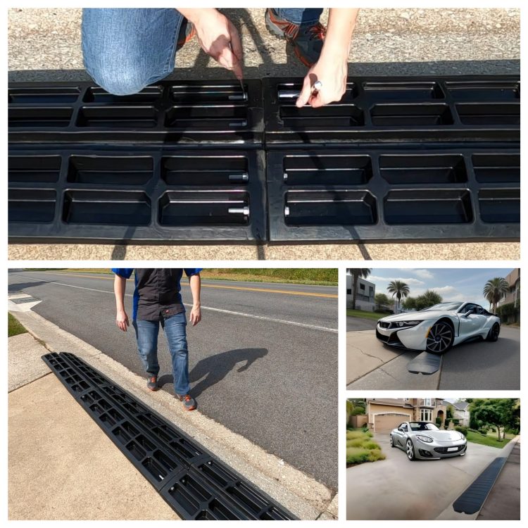 Demonstration of installing a curb ramp system, featuring close-up views of the ramp assembly and seamless installation to prevent scraping for low-clearance vehicles.