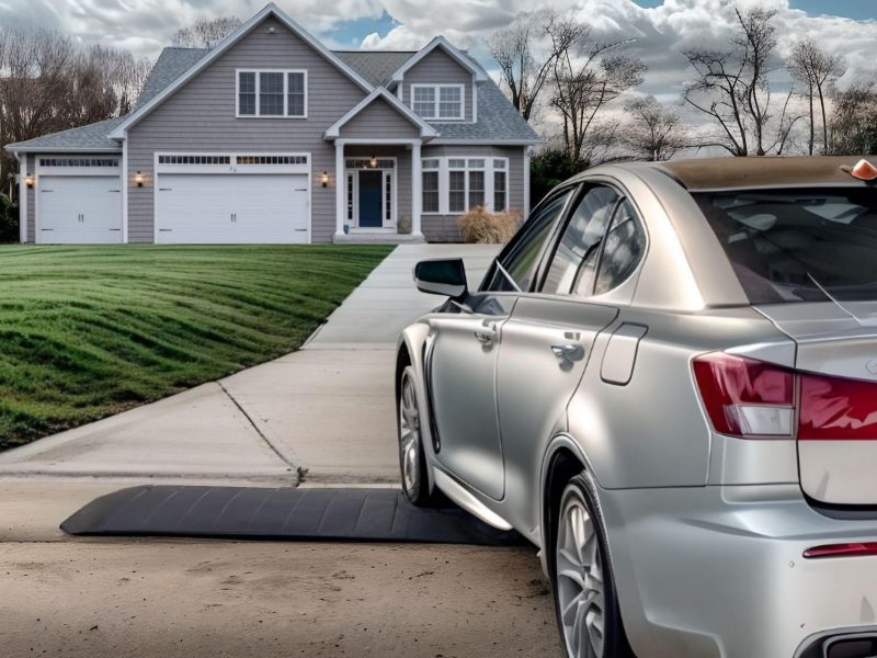 Silver car driving over a smooth driveway curb ramp for low car clearance in front of a suburban home.