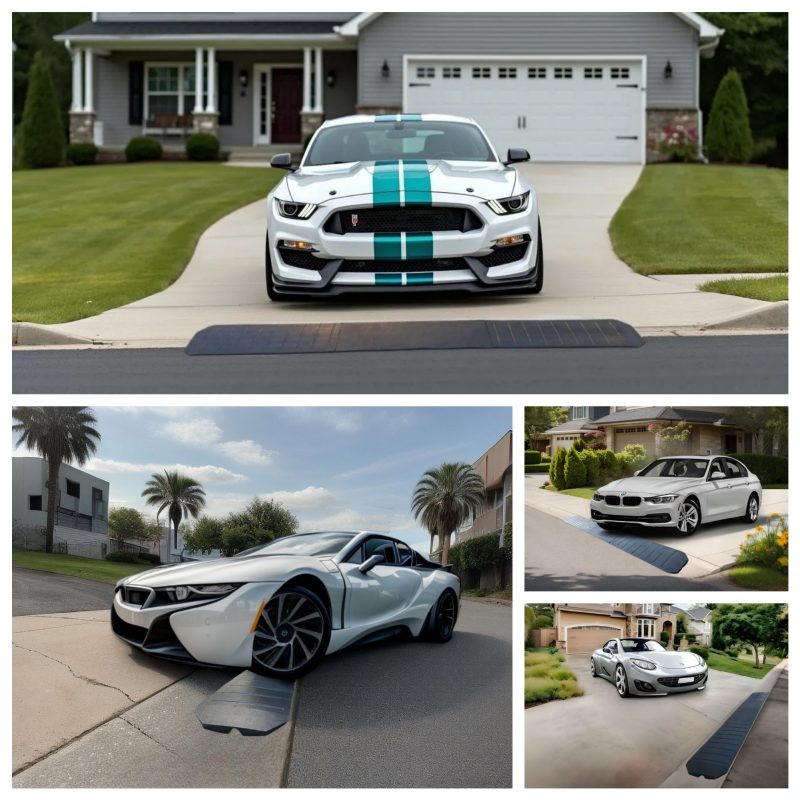 A collection of low-clearance vehicles using curb ramps to smoothly transition over steep driveway and rolled curb obstacles, preventing scraping.