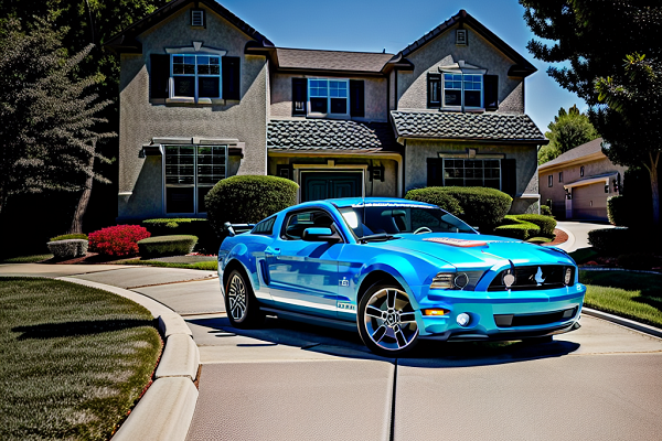2012 Ford Mustang exiting the steep driveway of a nice suburban home in a culdesac, view from the street