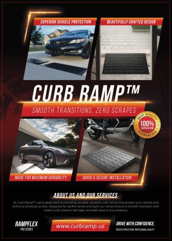 RampFlex Curb Ramp designed for cars, wheelchairs, scooters, and motorcycles to navigate small curbs and lips from 2.5 to 4 inches at home, driveways, and garages.