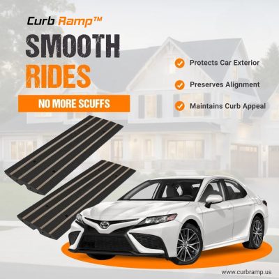 Advertisement for Curb Ramp showcasing smooth rides with no more scuffs, highlighting benefits such as protecting car exterior, preserving alignment, and maintaining curb appeal.