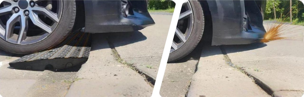Before and after comparison showing low car clearance scraping prevention with driveway curb ramp