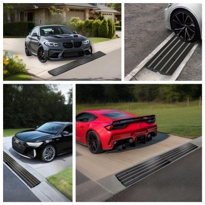 DIY rubber driveway ramp preventing low cars from scraping on rolled curbs and street gutters.