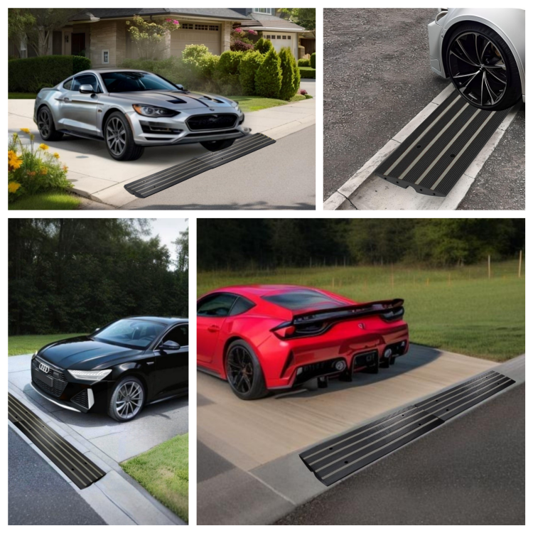 DIY rubber driveway ramp preventing low cars from scraping on rolled curbs and street gutters.