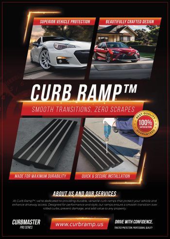 Curb Ramp featuring smooth transitions, vehicle protection, durable design, and easy installation for low-clearance vehicles on steep driveways.