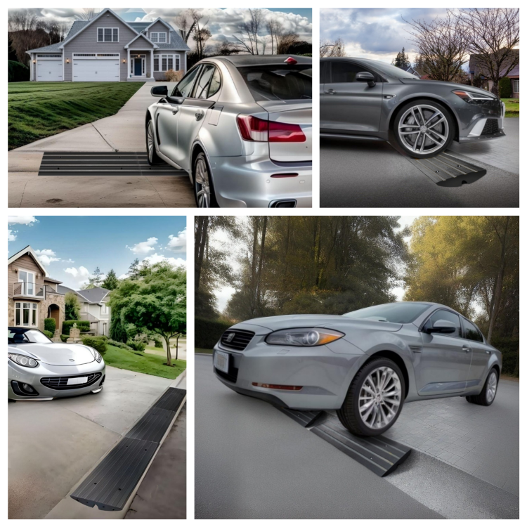 A set of low car curb ramps designed for seamless driveway entry, featuring concrete and black finishes to match curb aesthetics and prevent vehicle scraping.