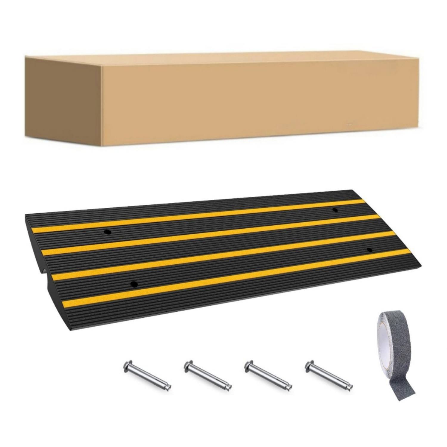 Rubber driveway curb ramp kit for low cars with mounting hardware, adhesive tape, and packaging box