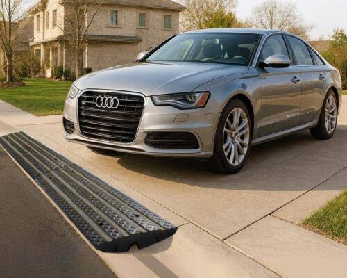 Driveway curb ramp for rolled curbs providing low car clearance and scrape protection