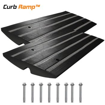 Expandable driveway curb ramp system with drainage, bridging the gap between the street and a rolled curb driveway entry to prevent scraping and reduce car impact on steep driveways.