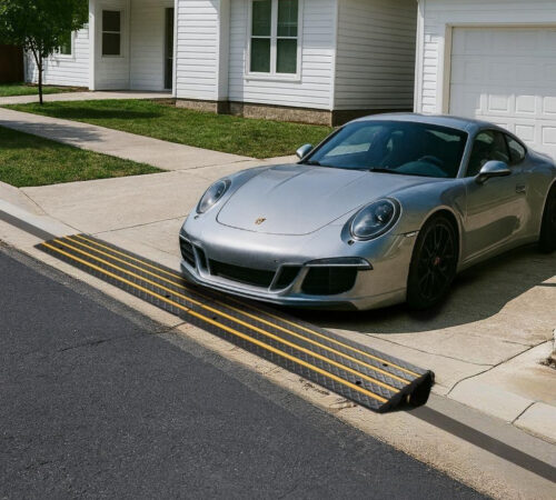 Low car using rolled curb driveway ramp to prevent scraping at steep entry