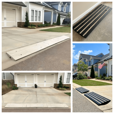 Paintable concrete-colored driveway ramp matching the curb, providing seamless curb access for low cars, preventing scraping on steep driveways.