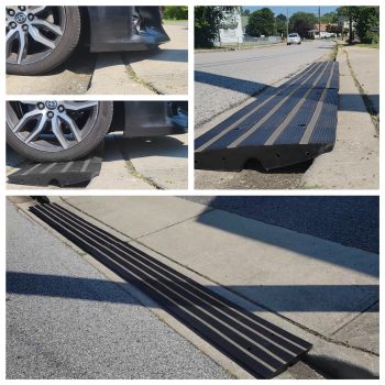 Compilation of four images showing different angles of black, textured driveway curb ramps in use, highlighting their traction patterns and compatibility with various vehicle tires.