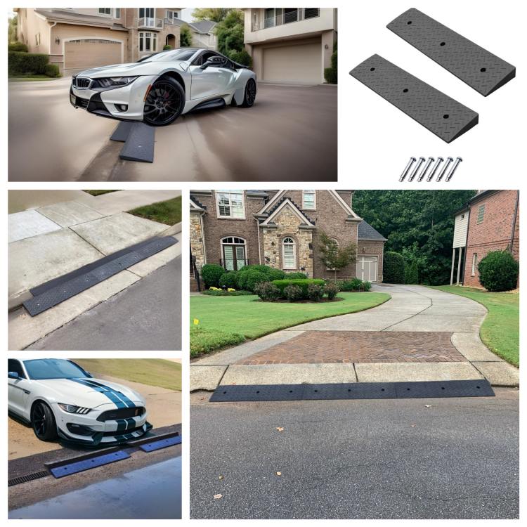 A collage showcasing driveway ramps installed at angled driveway entries with a 2-inch lip and straight curbs to protect low-clearance vehicles from scraping.