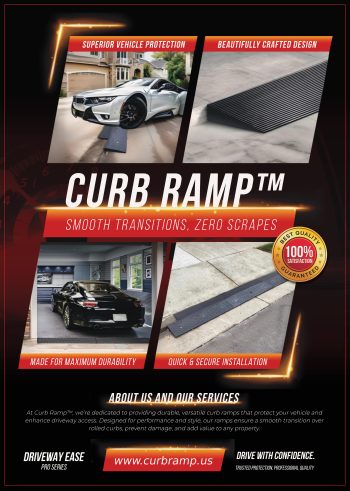 Driveway Ease Curb Ramp designed for 2-inch lips at garage entrances or straight curbs at driveway aprons, preventing scraping and easing transitions.