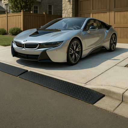 Silver BMW sports car using curb ramp to clear 2-inch driveway drop