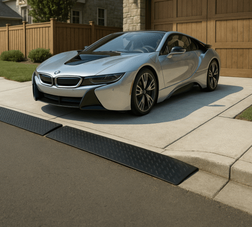 Driveway Ramp for Low Sports Cars – Smooth Entry Over 2" Curb Dr Silver BMW sports car using curb ramp to clear 2-inch driveway drop