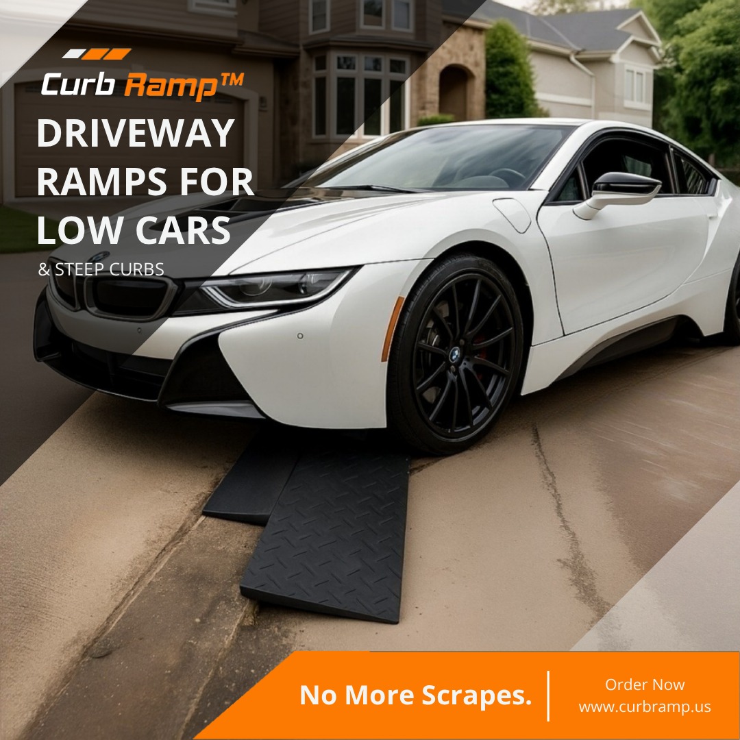 Driveway Lip Threshold Ramp for Low Cars – Prevent Scraping on Steep Driveways White sports car using black rubber threshold ramps to enter steep driveway curb without scraping low front bumper