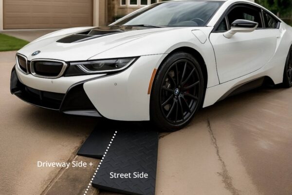Two-Ramp Driveway Lip Clearance System for Low Sports Cars BMW i8 using a driveway-side and street-side ramp setup to cross a steep gutter lip without scraping the front bumper.