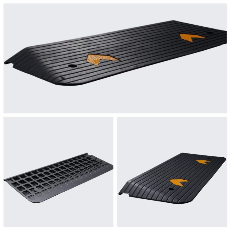 Driveway ramp with sloped ends designed for straight curbs, ensuring seamless vehicle access.