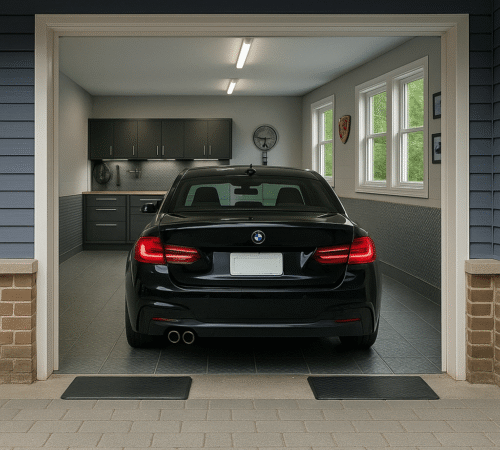 Garage Threshold Rubber Ramps for Low Car Clearance – ElevateDrive™ Rubber ramps at garage threshold for low clearance car