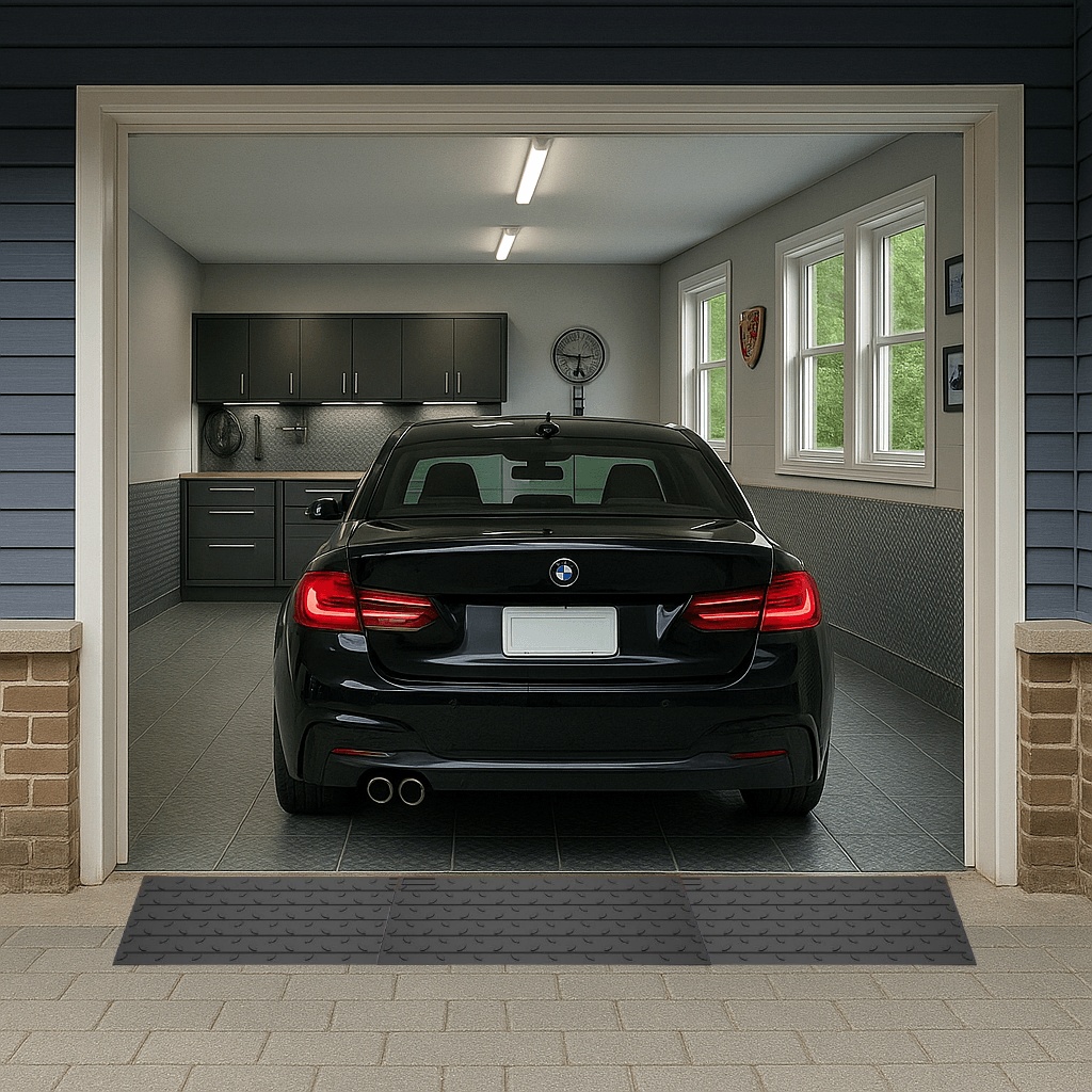 Garage Threshold Ramp for Low Car Entry Over Concrete Lip Black BMW entering a garage smoothly using a rubber threshold ramp that levels out the concrete lip.
