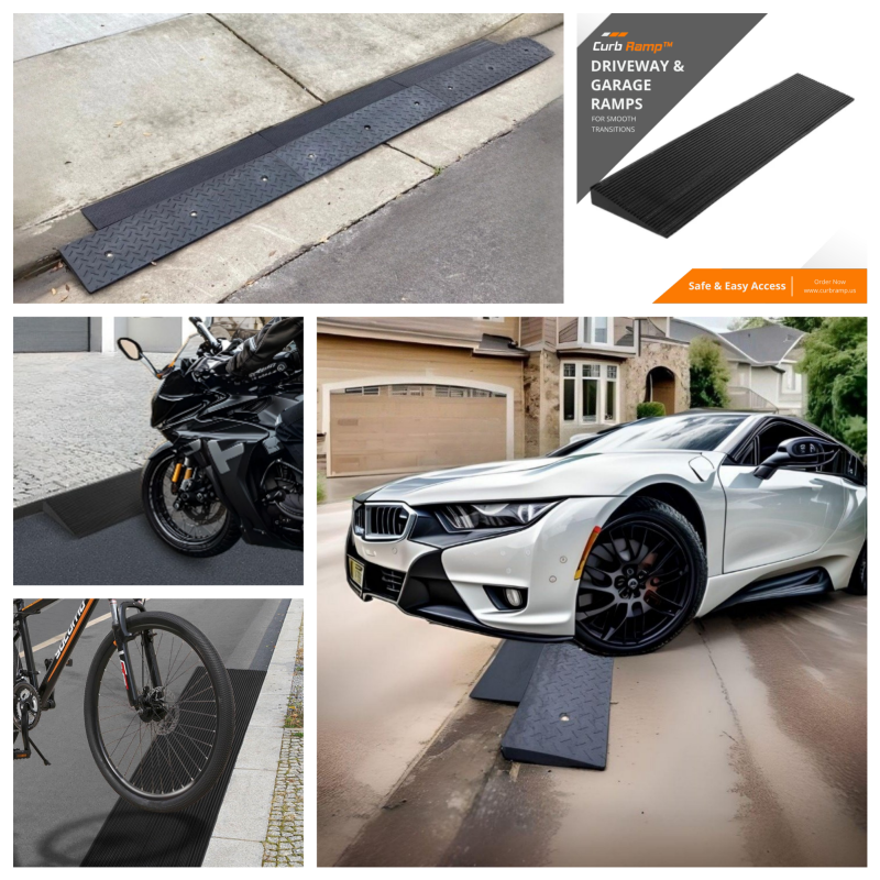 A collage featuring motorcycle and low-clearance vehicle ramps for garage and driveway entry, providing easy access and scrape prevention.