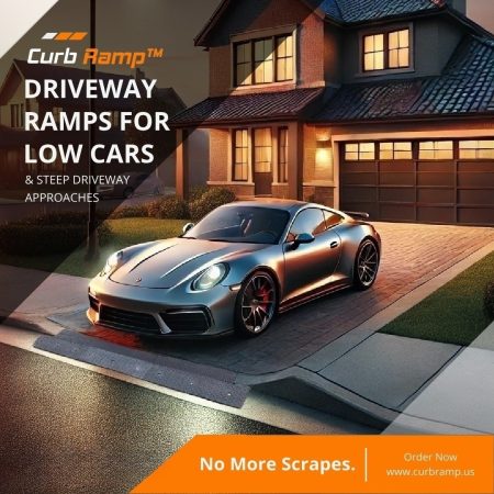 A luxury sports car using a black Curb Ramp at a residential driveway during sunset, demonstrating easy access with no scrapes on steep approaches.