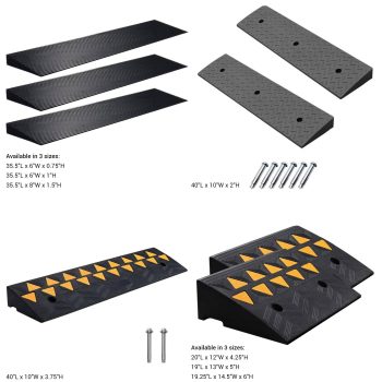 A selection of threshold driveway entry ramps in various sizes, including models with mounting hardware, designed for smooth vehicle and wheelchair access over curbs or thresholds.