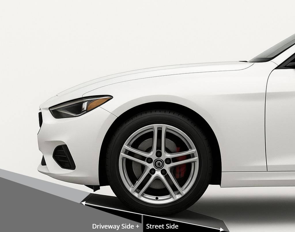 Driveway and Street Side Ramp System for Low Car Threshold Clearance Two-piece ramp setup showing a street-side gutter ramp and a driveway-side ramp creating a smooth transition for low cars over a steep lip.