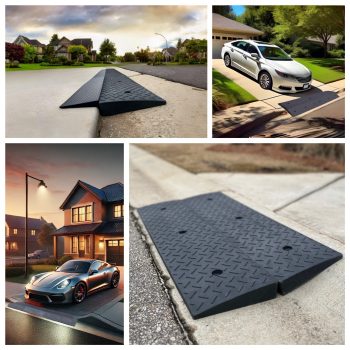 A collage of driveway ramps in various settings: a sports car on a ramp at dusk, a sedan using a ramp in a suburban driveway, a close-up of a ramp's textured surface, and a ramp leading up to a luxury home at sunset. Each scenario demonstrates the ramp’s effectiveness in preventing undercarriage scrapes on low cars.