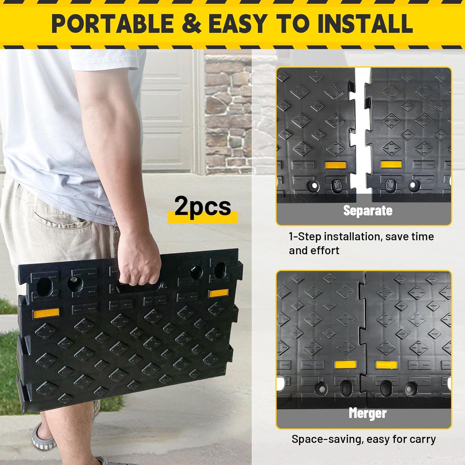 Dual-use portable ramp set for seamless entry in driveways and loading docks 20″L x 12.5″W x 4″H & 5"H connectable poly ramps