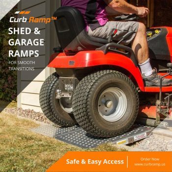 Shed and garage ramp providing smooth access for lawn tractors and heavy equipment