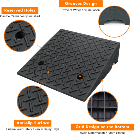 Close-up of a heavy-duty shed ramp featuring an anti-slip surface, grooves to prevent water accumulation, and a grid design for stability