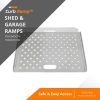 Perforated aluminum ramp for shed and garage transitions with built-in handle.