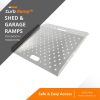 Perforated aluminum ramp for shed and garage transitions with built-in handle.