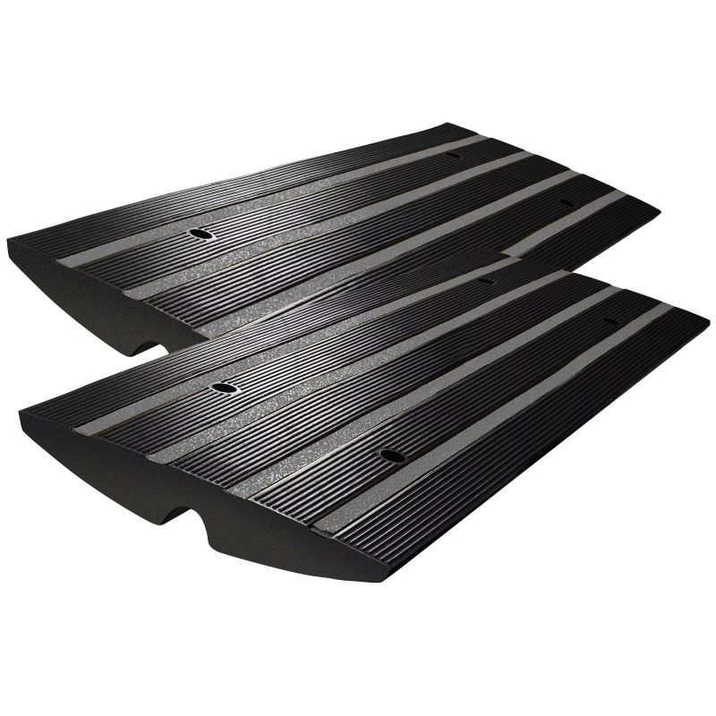 Low clearance 8ft curb ramp for driveways in black and grey, preventing car scraping and ensuring smooth vehicle access.