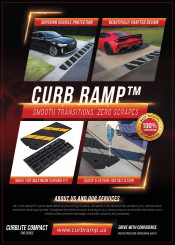 CurbLite Compact Curb Ramp for lightweight, stylish protection over rolled curbs, preventing scraping on entry and exit, with easy mounting and built-in drainage.