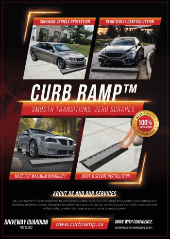 Driveway Guardian Curb Ramp designed for smooth transitions over mid-driveway ridges and steep declines, preventing vehicle bottoming out.