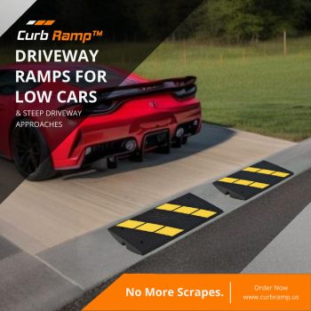 Driveway ramp installed on a steep curb, helping prevent scraping for low-clearance cars entering or exiting driveways.