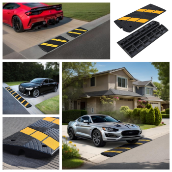 A collage of stylish driveway ramps used to protect low-clearance cars from scraping over rolled curbs and steep driveway entries.