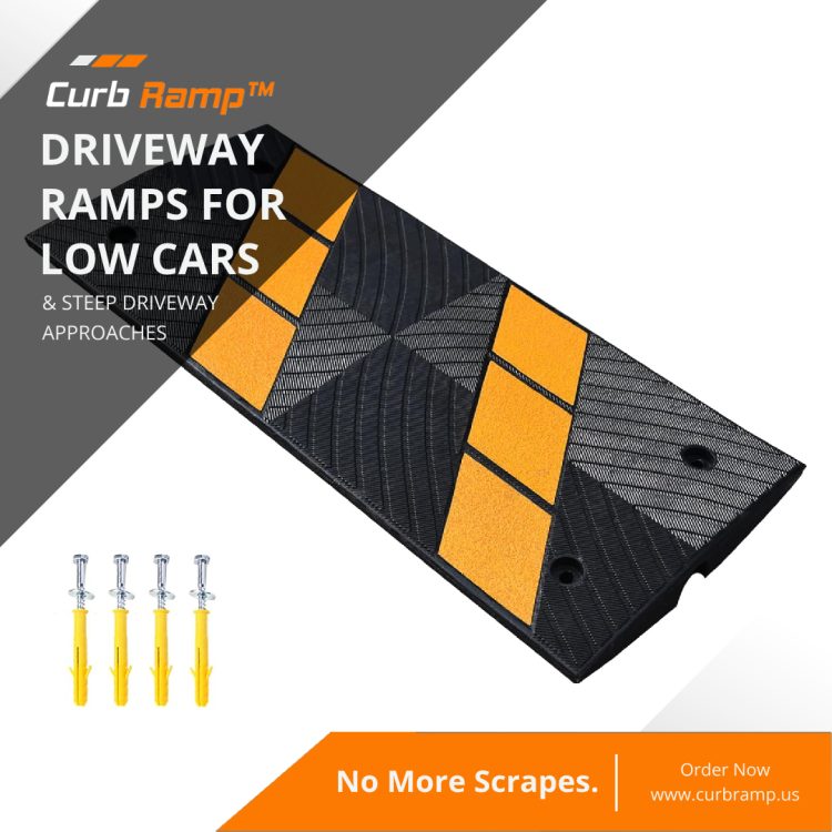 Driveway ramp designed for low-clearance vehicles, featuring a yellow and black pattern with included installation hardware to prevent scraping on steep entries.