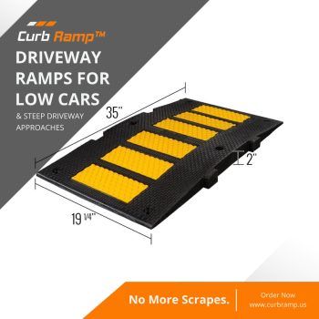 Rectangular driveway ramp with yellow anti-slip stripes designed for low-clearance vehicles