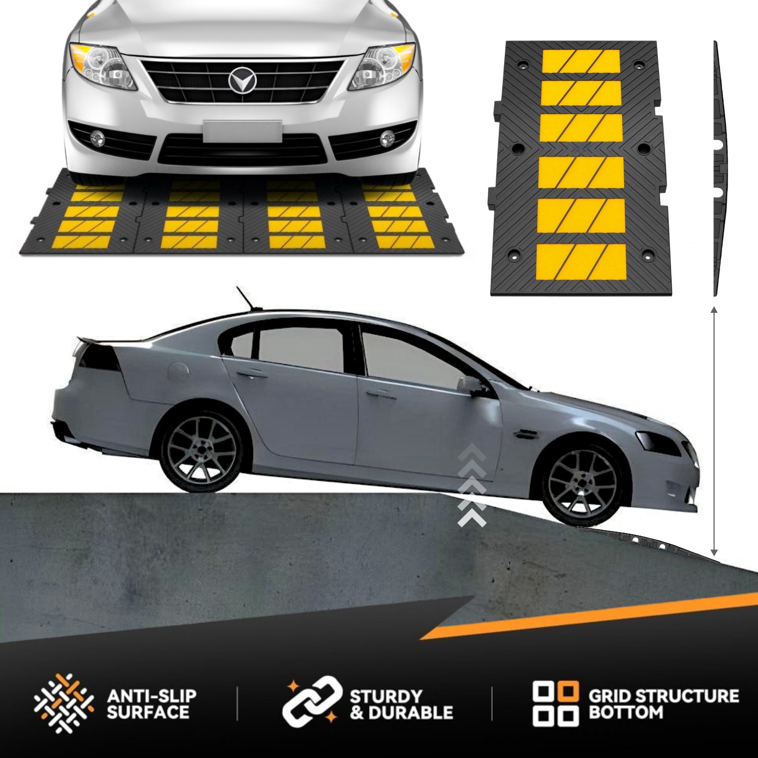 Steep driveway bottoming out solution with anti-scrape vehicle clearance ramps.