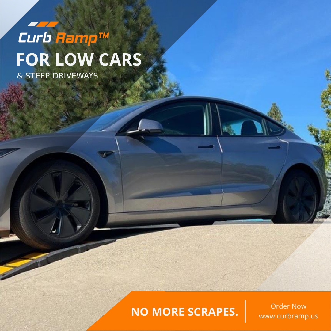 Curb Ramp driveway ramp lifting a low-clearance car to prevent front-end scraping on a steep driveway.