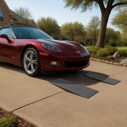 Red Corvette using driveway ramp to bridge sidewalk drop for low car clearance