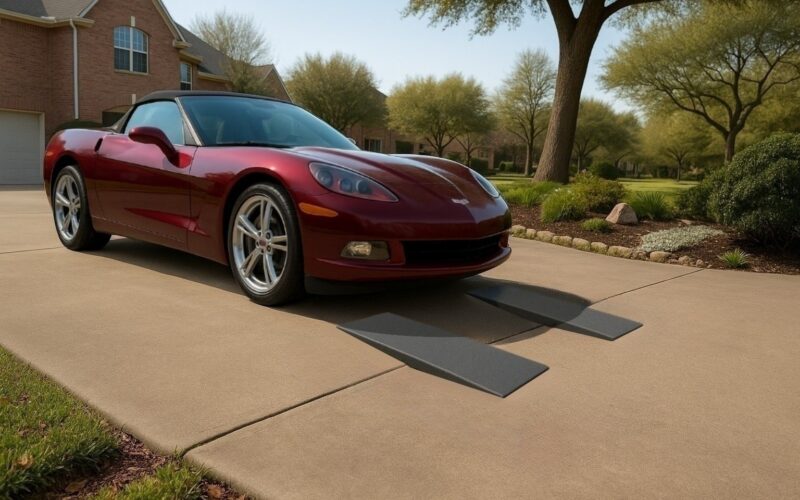Red Corvette using driveway ramp to bridge sidewalk drop for low car clearance